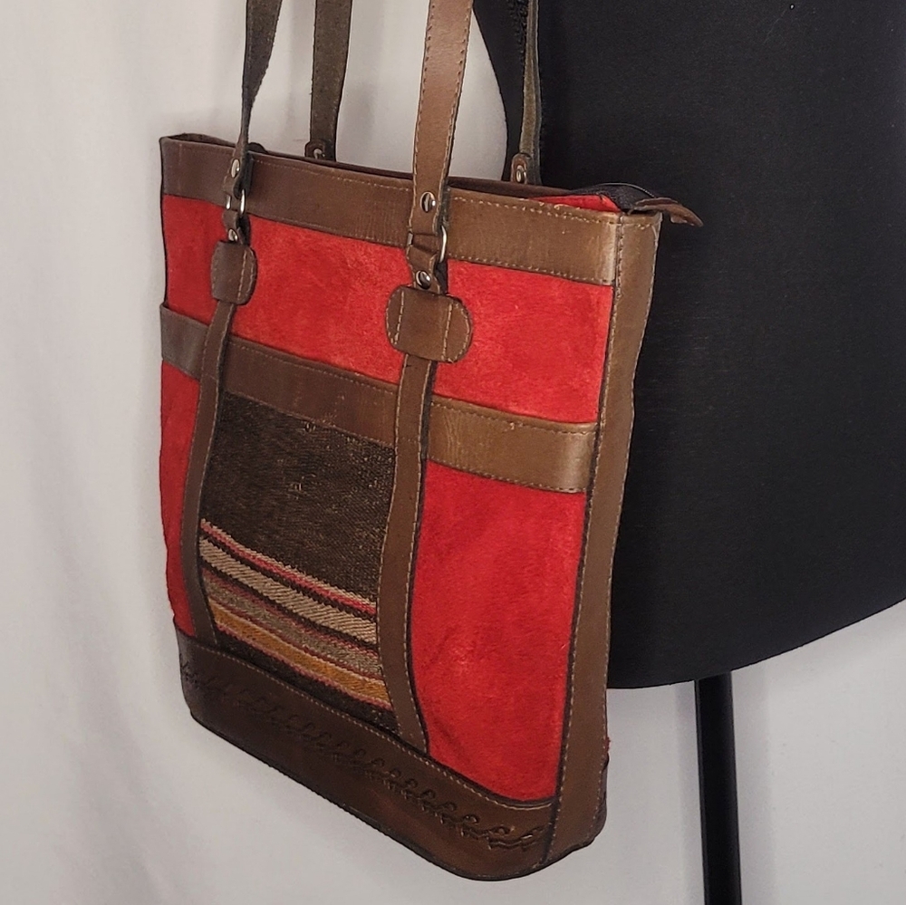 Boho Red Suede & Leather Tote Bag | Southwestern Stripe Shoulder Purse - Picture 3 of 6